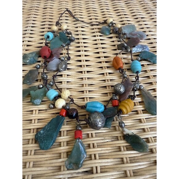 Vintage 80s Double Strand Necklace Carved Agate Trade Beads Boho - Picture 12 of 16